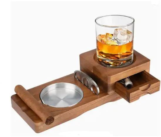 Premium Wood Cigar Ashtray with Whiskey Glass Holder