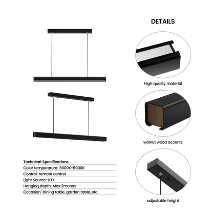 Sleek Metal Wood Linear Dining Kitchen Pendant Lamp