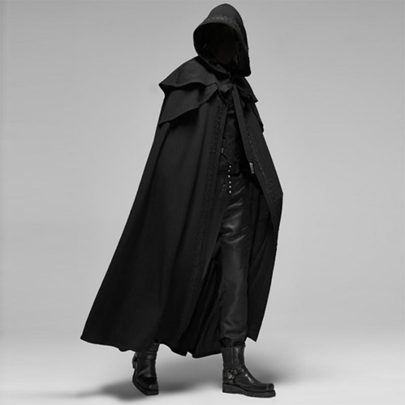 Dark Black Velvet Hooded Cape - Cofik
