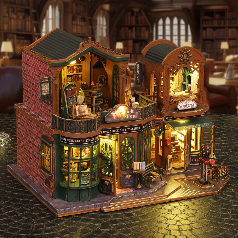 Wooden Dollhouse Bookstore Kit with Furniture