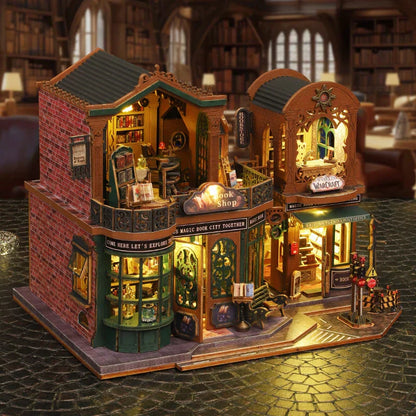 Wooden Dollhouse Bookstore Kit with Furniture