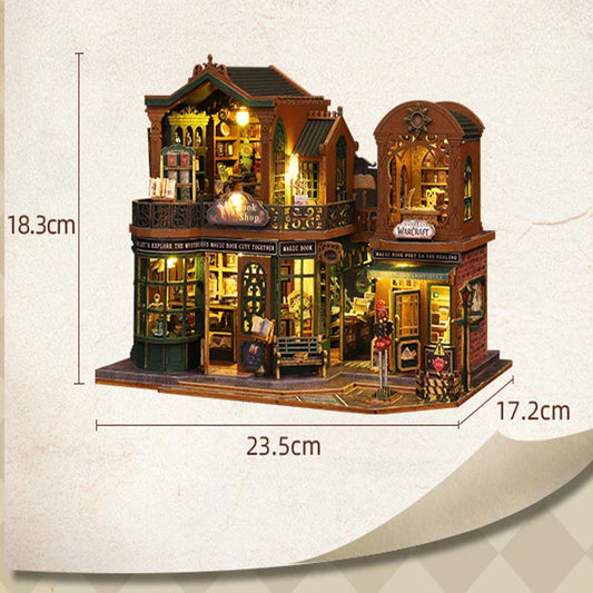 Wooden Dollhouse Bookstore Kit with Furniture - Cofik