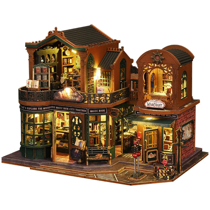 Wooden Dollhouse Bookstore Kit with Furniture