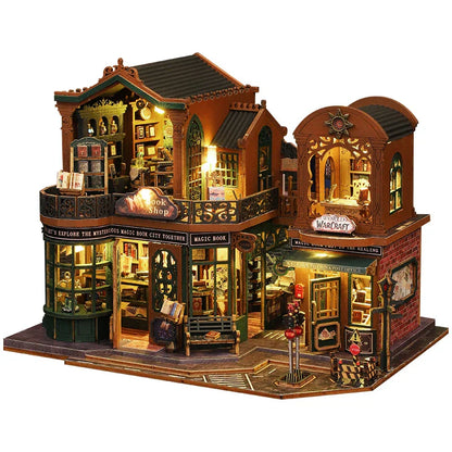 Wooden Dollhouse Bookstore Kit with Furniture