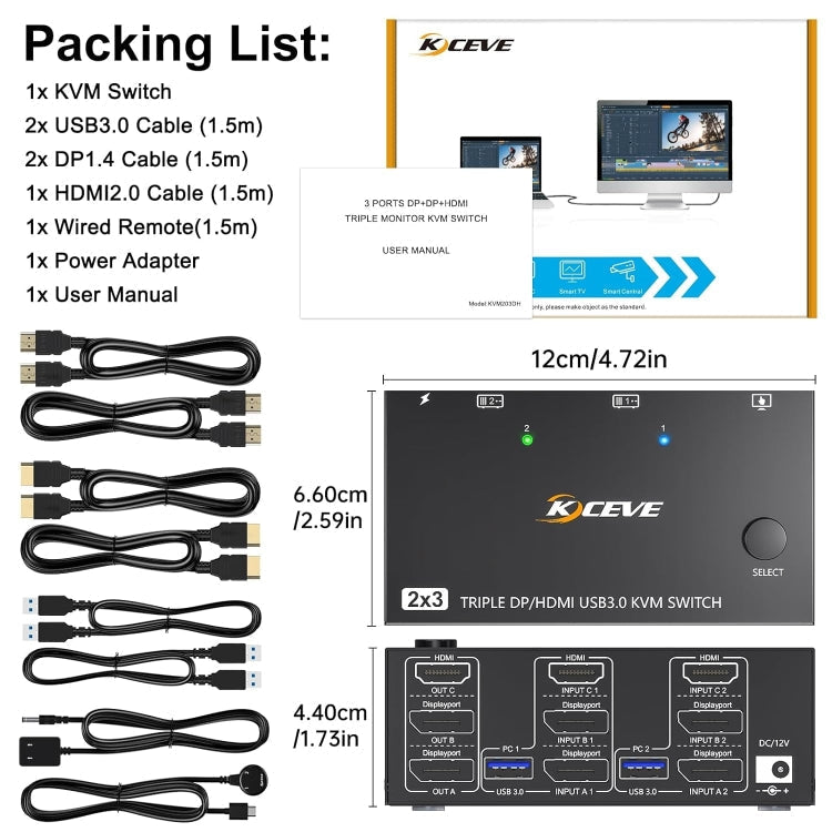 Compact 8K Triple Monitor KVM Switch with USB 3.0