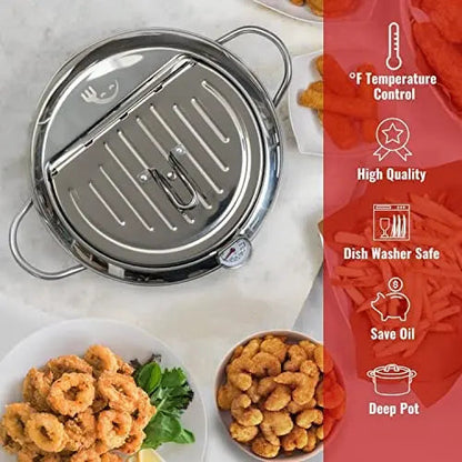 Premium Stainless Steel Fry Pan with Thermometer & Rack