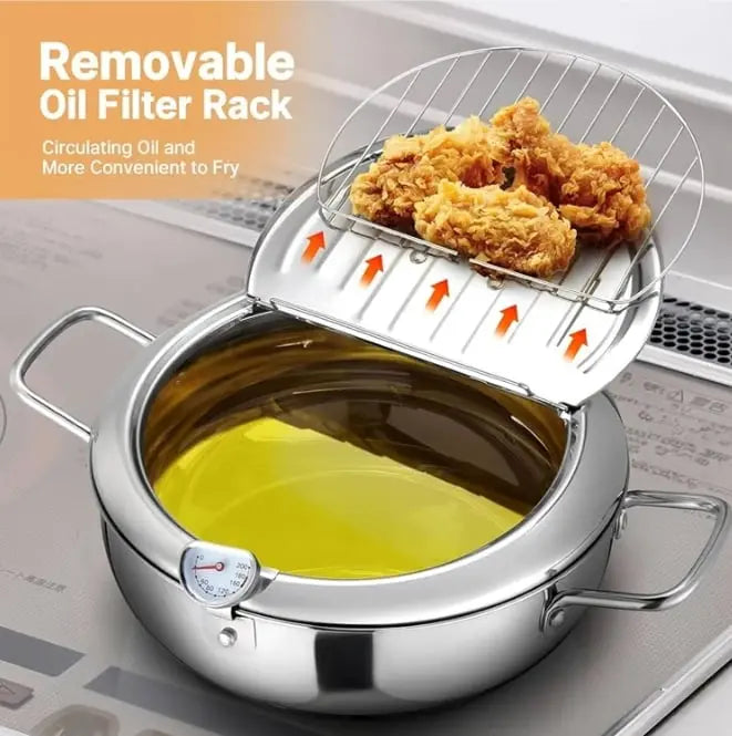 Premium Stainless Steel Fry Pan with Thermometer & Rack