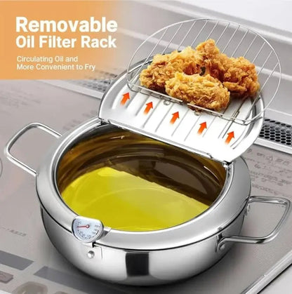 Premium Stainless Steel Fry Pan with Thermometer & Rack