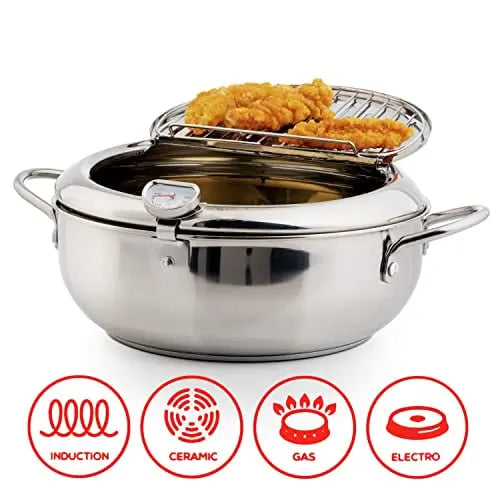 Premium Stainless Steel Fry Pan with Thermometer & Rack