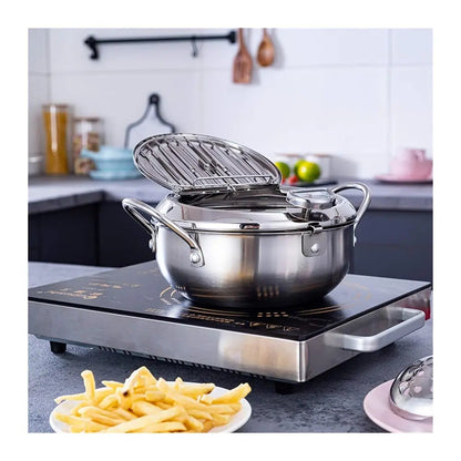 Premium Stainless Steel Fry Pan with Thermometer & Rack