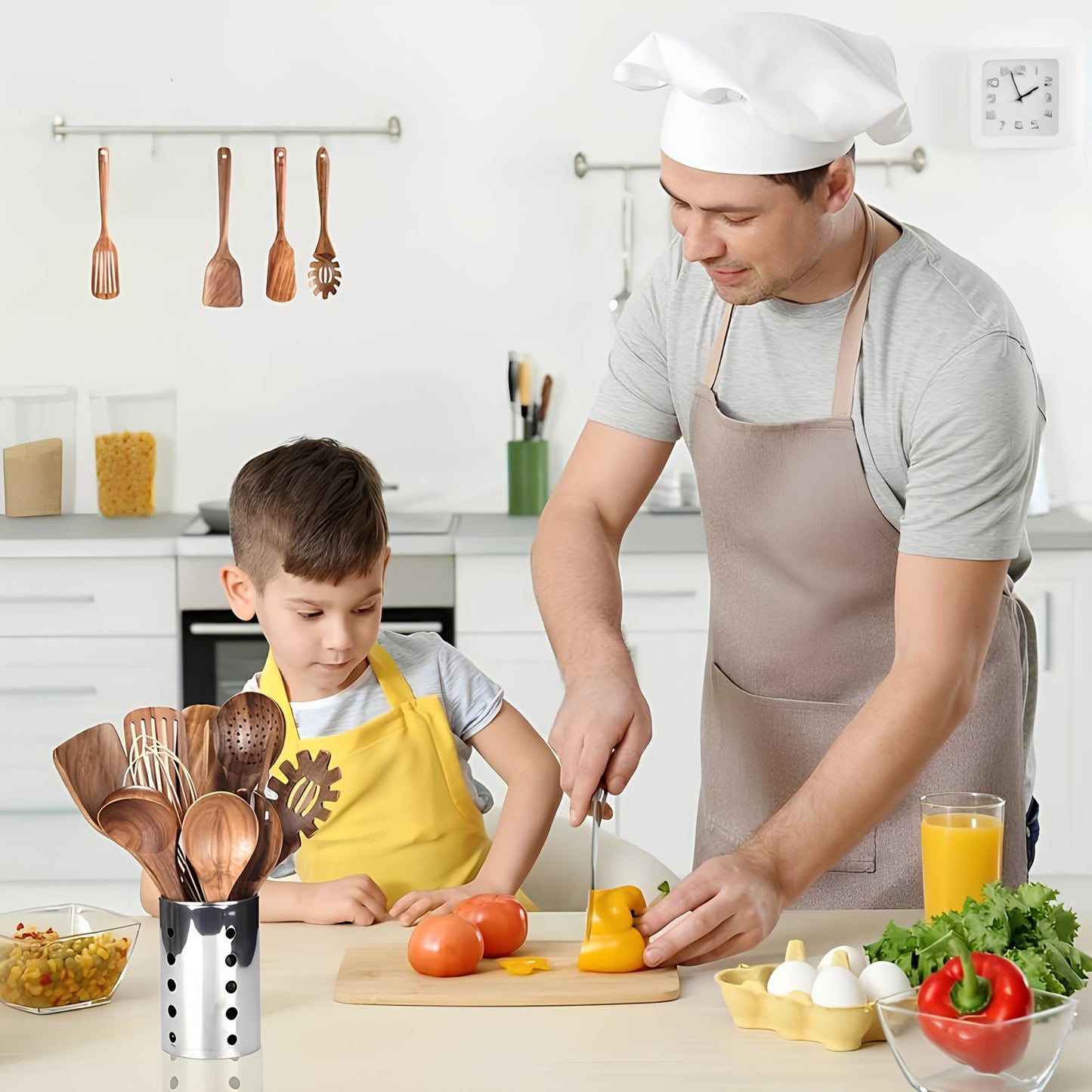 Natural Wood 11-Piece Kitchen Tool Set with Storage