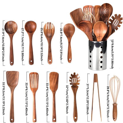 Natural Wood 11-Piece Kitchen Tool Set with Storage