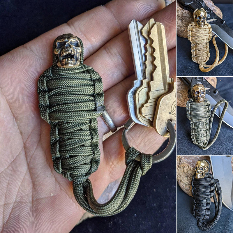 Tough Paracord Skull Keychain Brass Charm