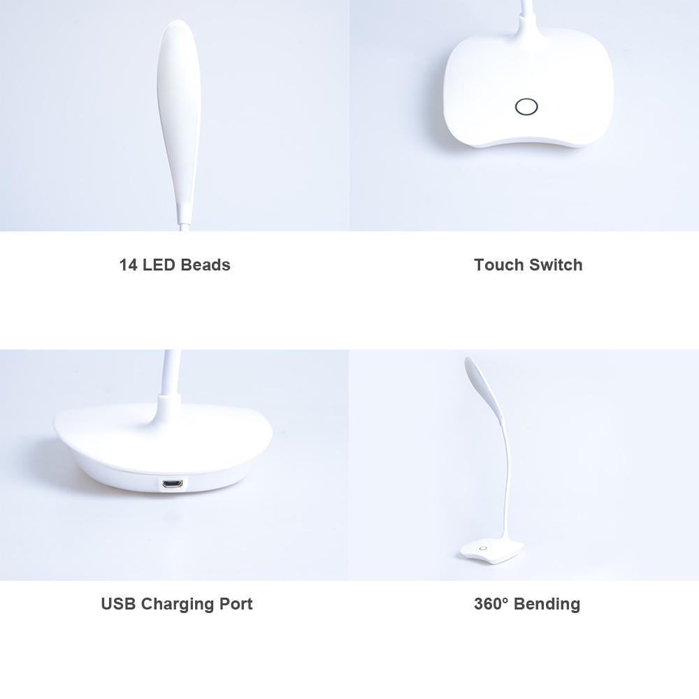 Portable 14 LED Desk Lamp with USB Rechargeable Dimmer