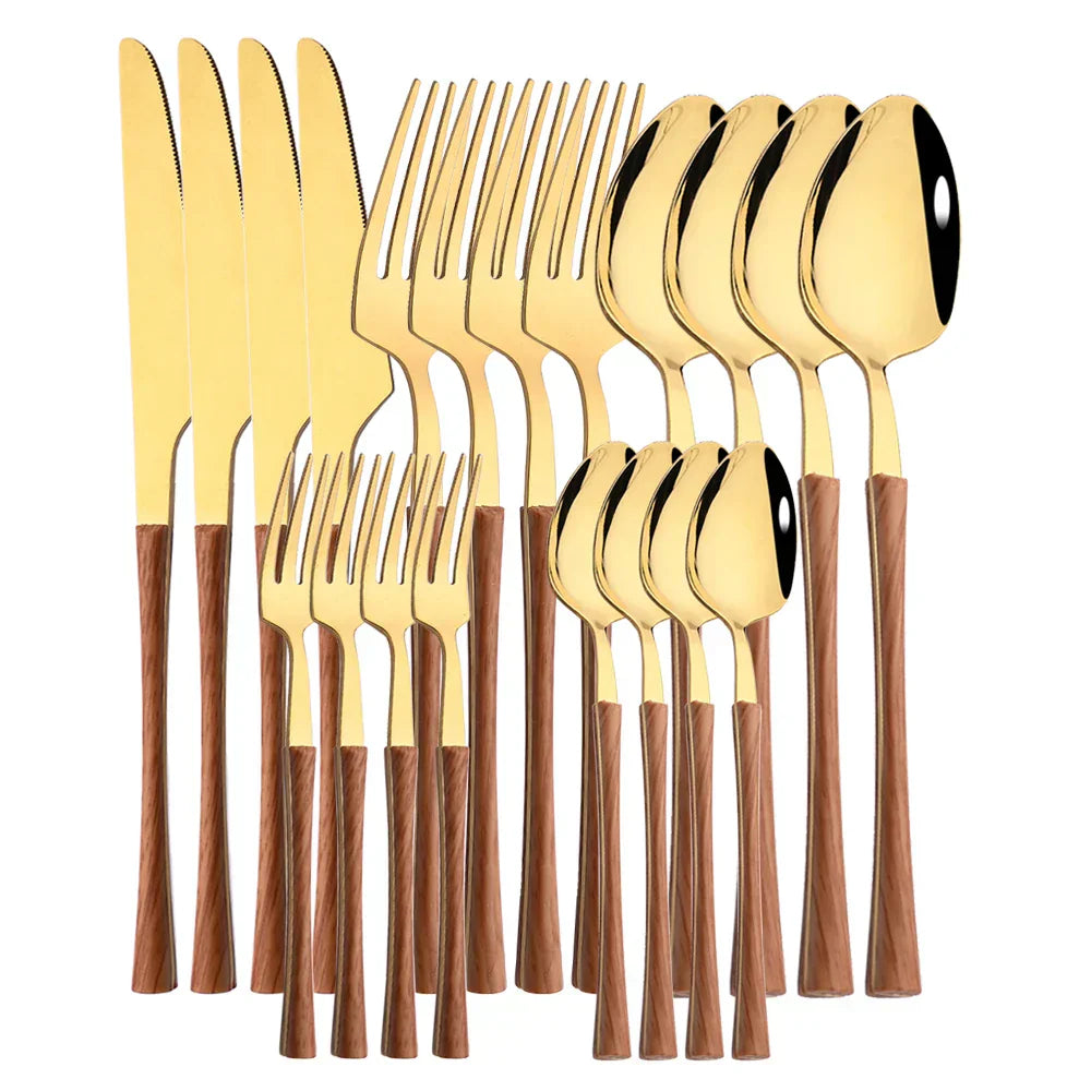 Vintage Style Wood Handle Stainless Steel Flatware Set