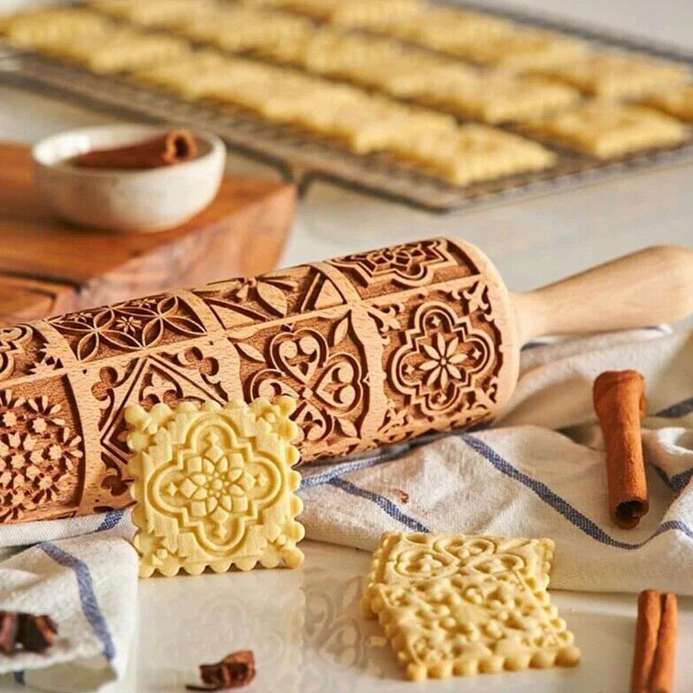 Classic Wooden Rolling Pin with Holiday Designs