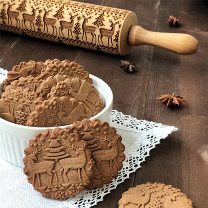 Classic Wooden Rolling Pin with Holiday Designs - Cofik