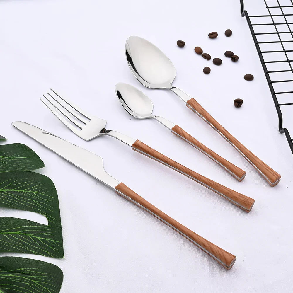Vintage Style Wood Handle Stainless Steel Flatware Set