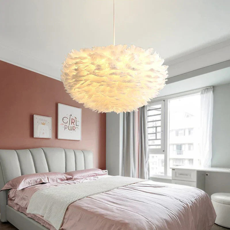 Soft White Faux Feather Pendant Lamp