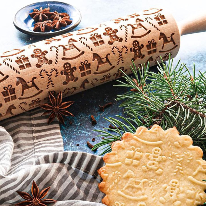 Classic Wooden Rolling Pin with Holiday Designs