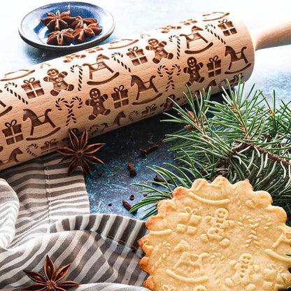 Classic Wooden Rolling Pin with Holiday Designs