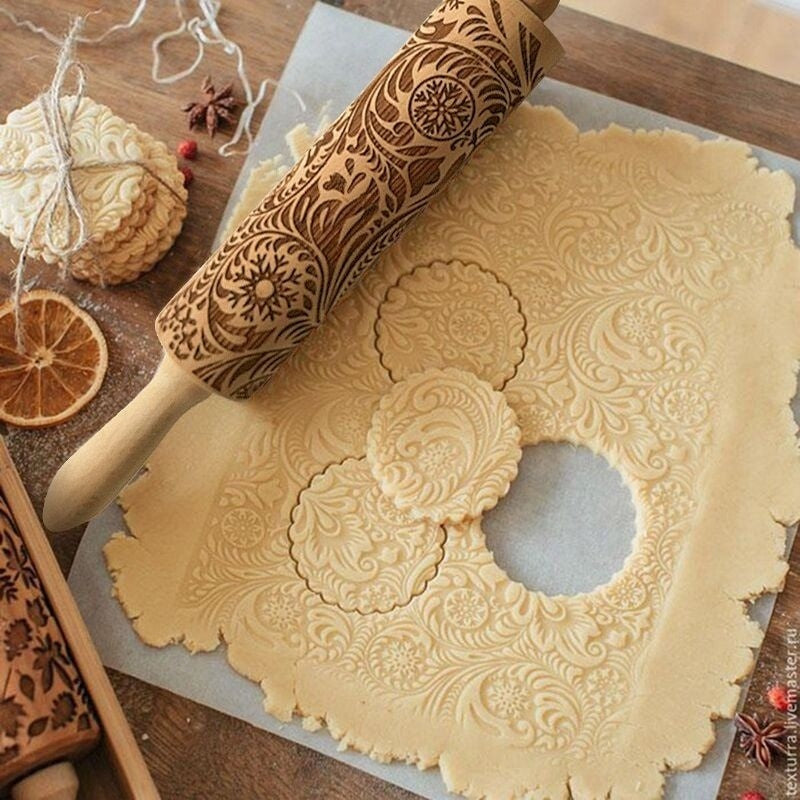 Classic Wooden Rolling Pin with Holiday Designs