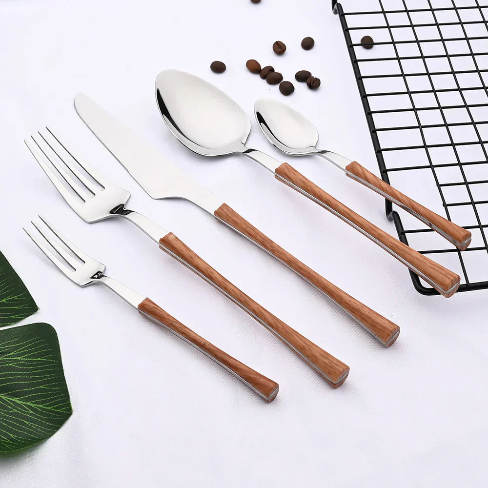 Vintage Style Wood Handle Stainless Steel Flatware Set
