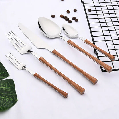 Vintage Style Wood Handle Stainless Steel Flatware Set