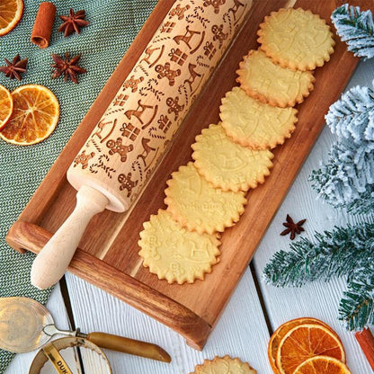 Classic Wooden Rolling Pin with Holiday Designs