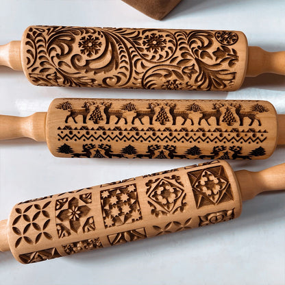 Classic Wooden Rolling Pin with Holiday Designs