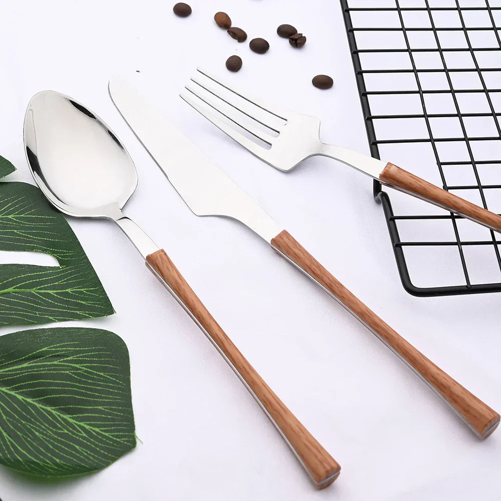 Vintage Style Wood Handle Stainless Steel Flatware Set