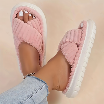 Cozy Fleece Slippers with Cross Strap