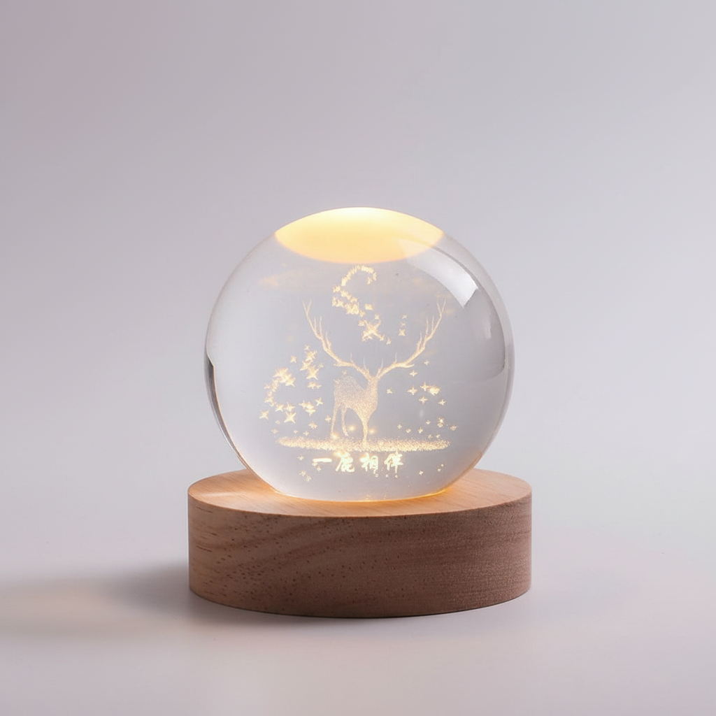 Round Wood Globe Table Lamp with Soft LED Glow