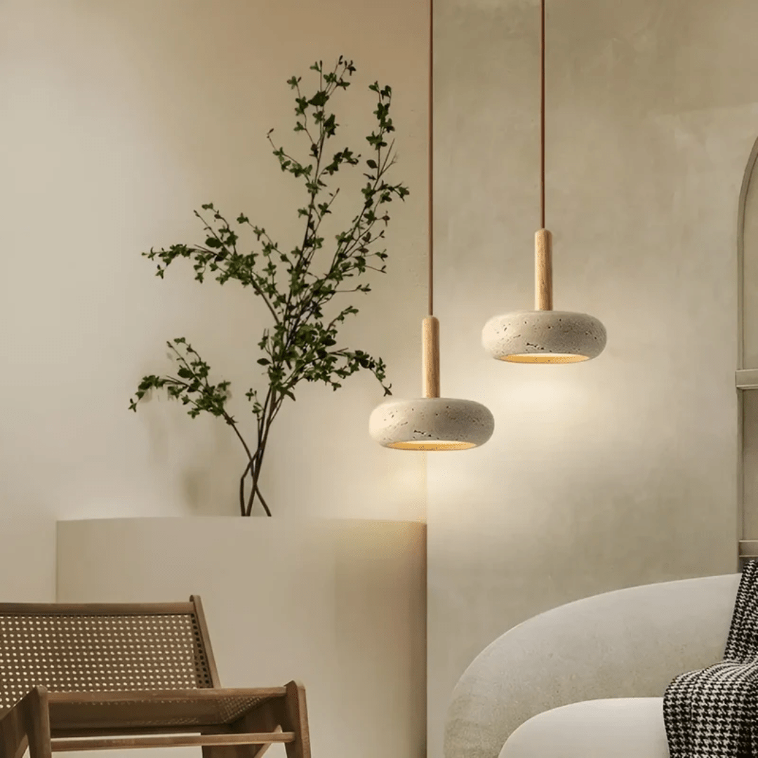 Vintage Wooden Pendant Light with Stone Detail