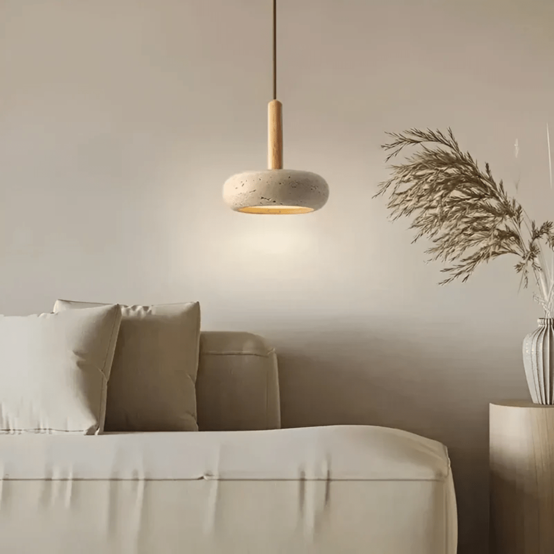 Vintage Wooden Pendant Light with Stone Detail