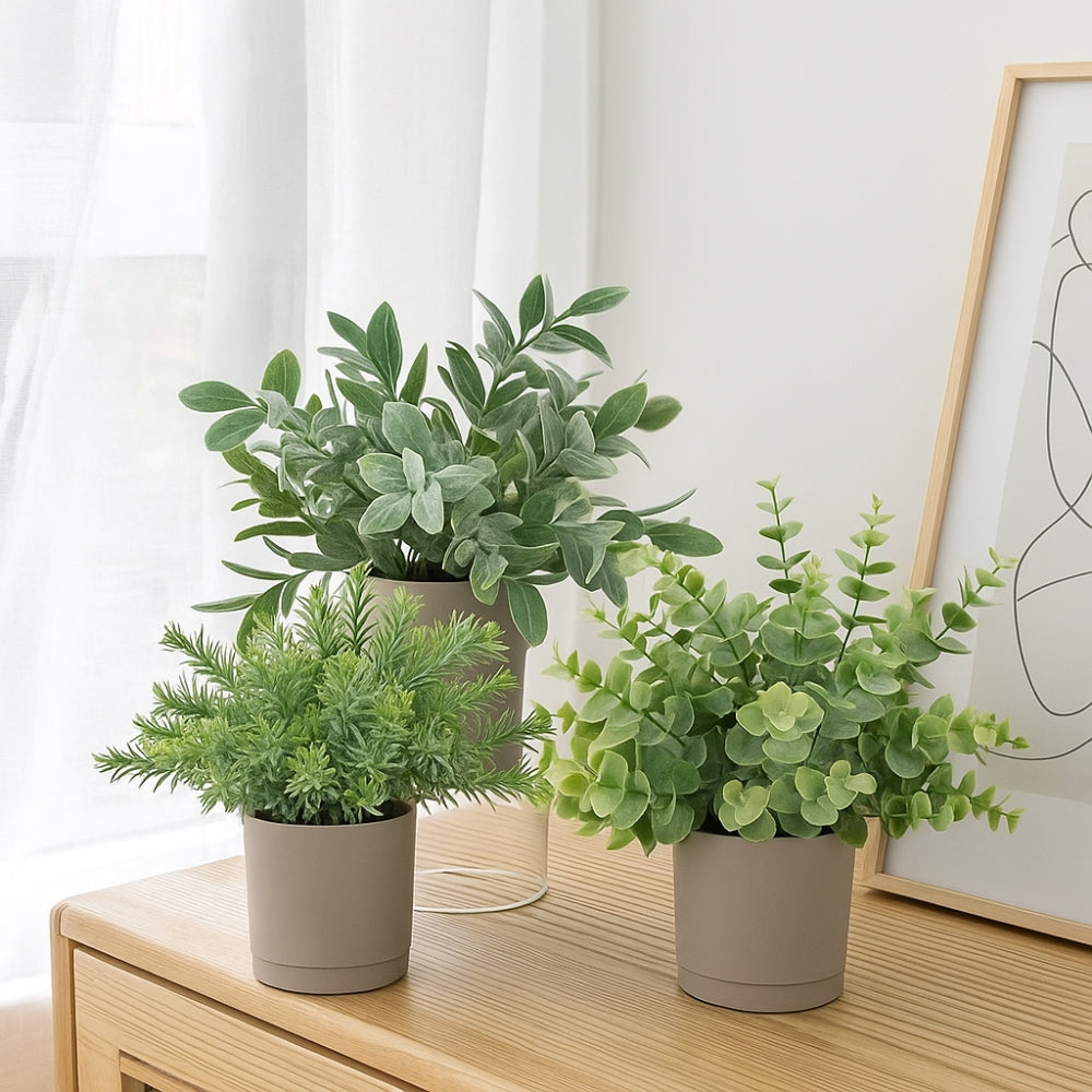 Realistic Leaf Artificial Plant Modern Planter 3pc Set