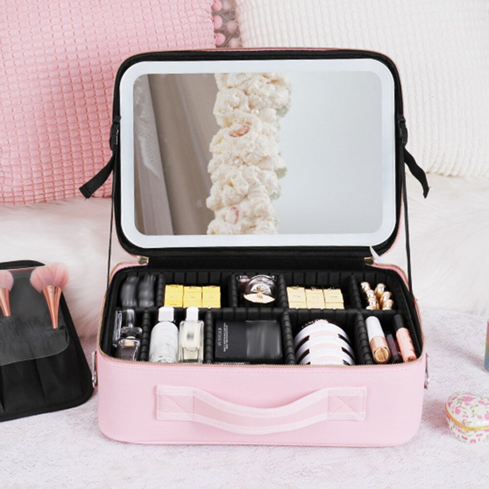Compact Travel Makeup Bag with LED Light & Mirror