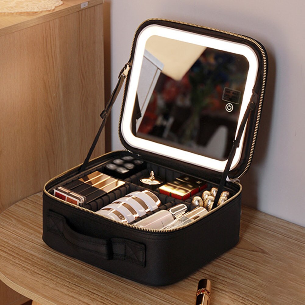 Compact Travel Makeup Bag with LED Light & Mirror