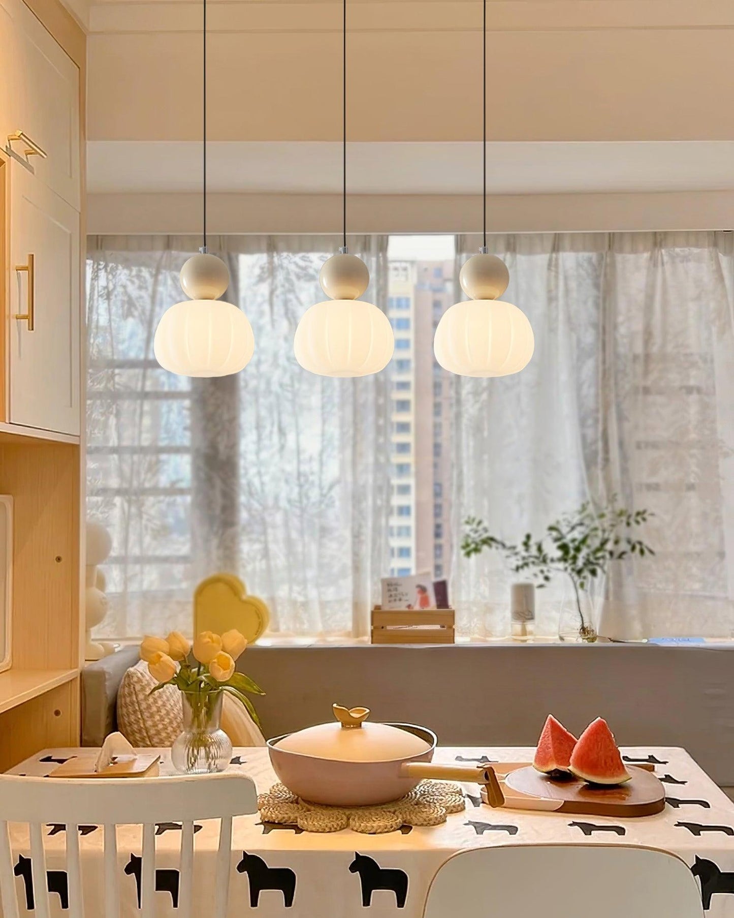 White Glass Pumpkin Pendant Light Fixture Ceiling Lamp