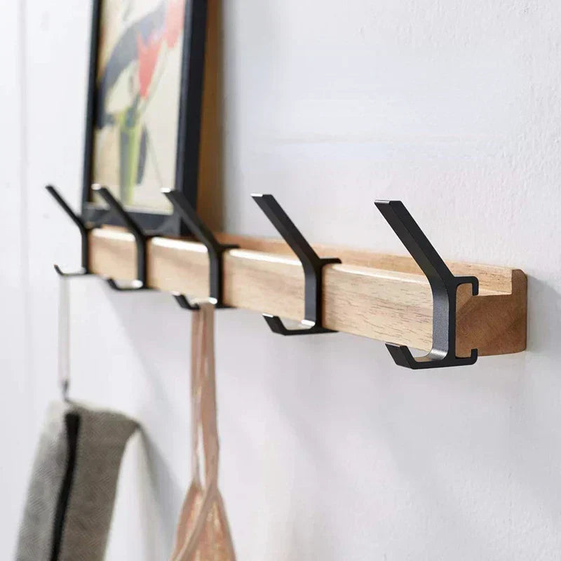 Rustic Wooden Wall Storage Shelf with Hooks - Cofik