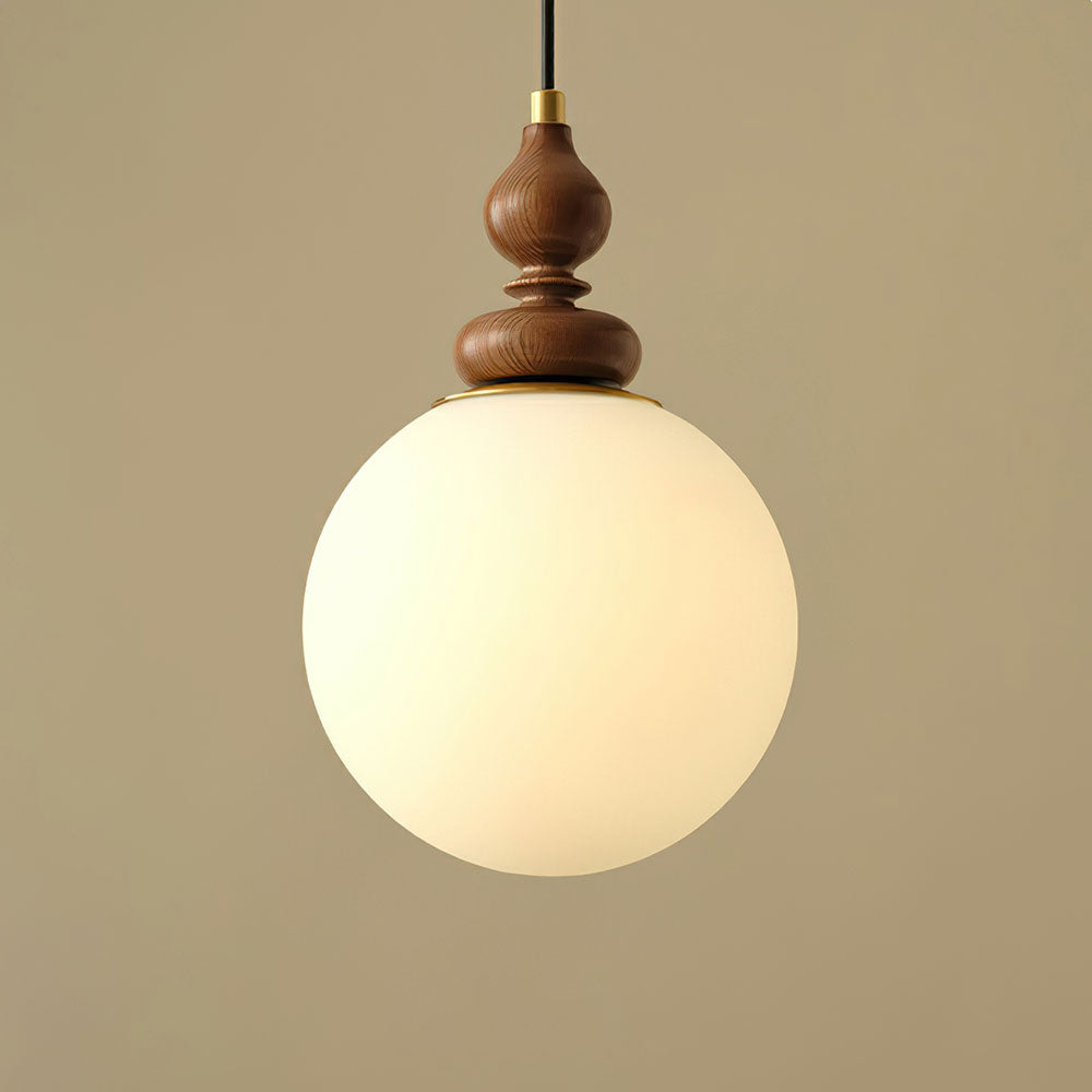 Round Wooden Pendant Lamp with White Glass Shade - Cofik