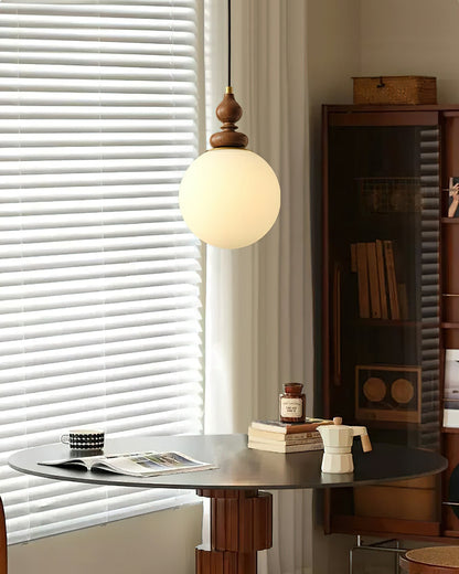Round Wooden Pendant Lamp with White Glass Shade