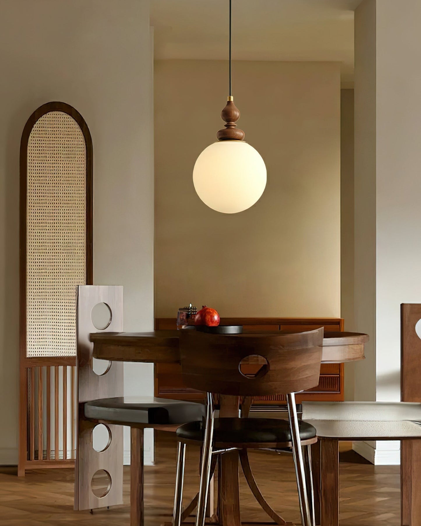 Round Wooden Pendant Lamp with White Glass Shade