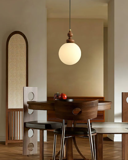 Round Wooden Pendant Lamp with White Glass Shade