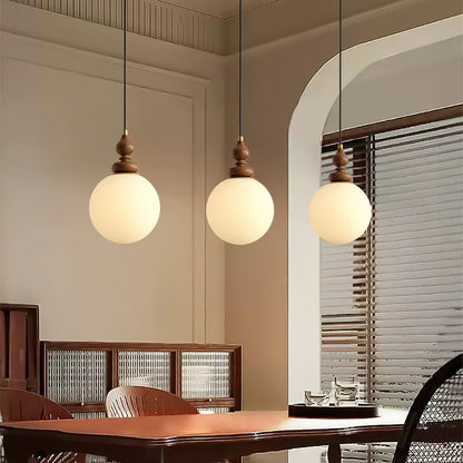 Round Wooden Pendant Lamp with White Glass Shade