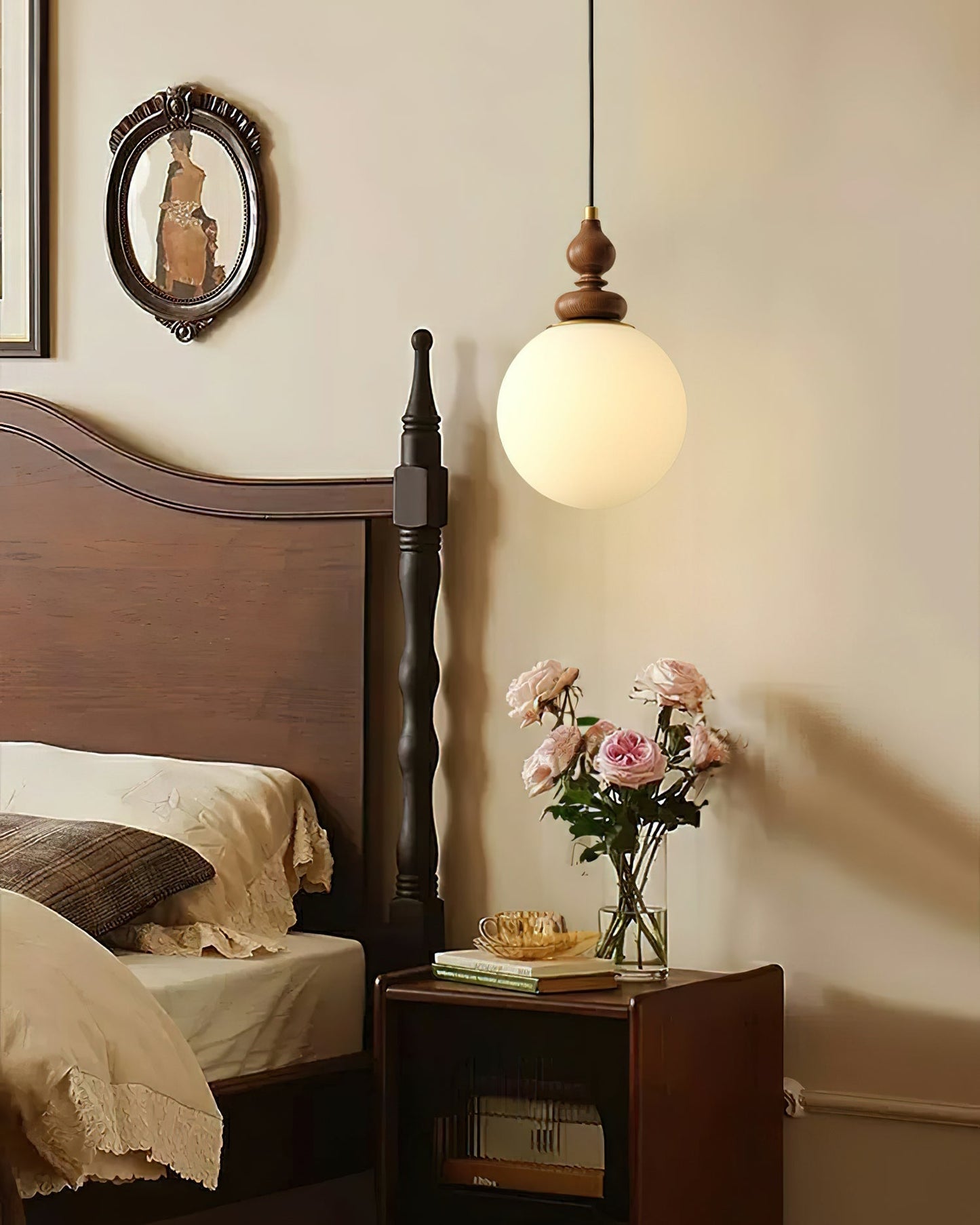 Round Wooden Pendant Lamp with White Glass Shade