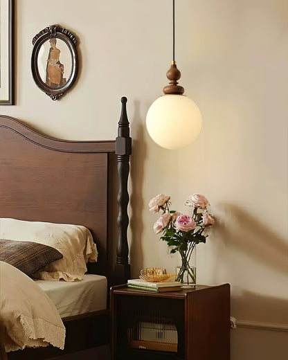 Round Wooden Pendant Lamp with White Glass Shade