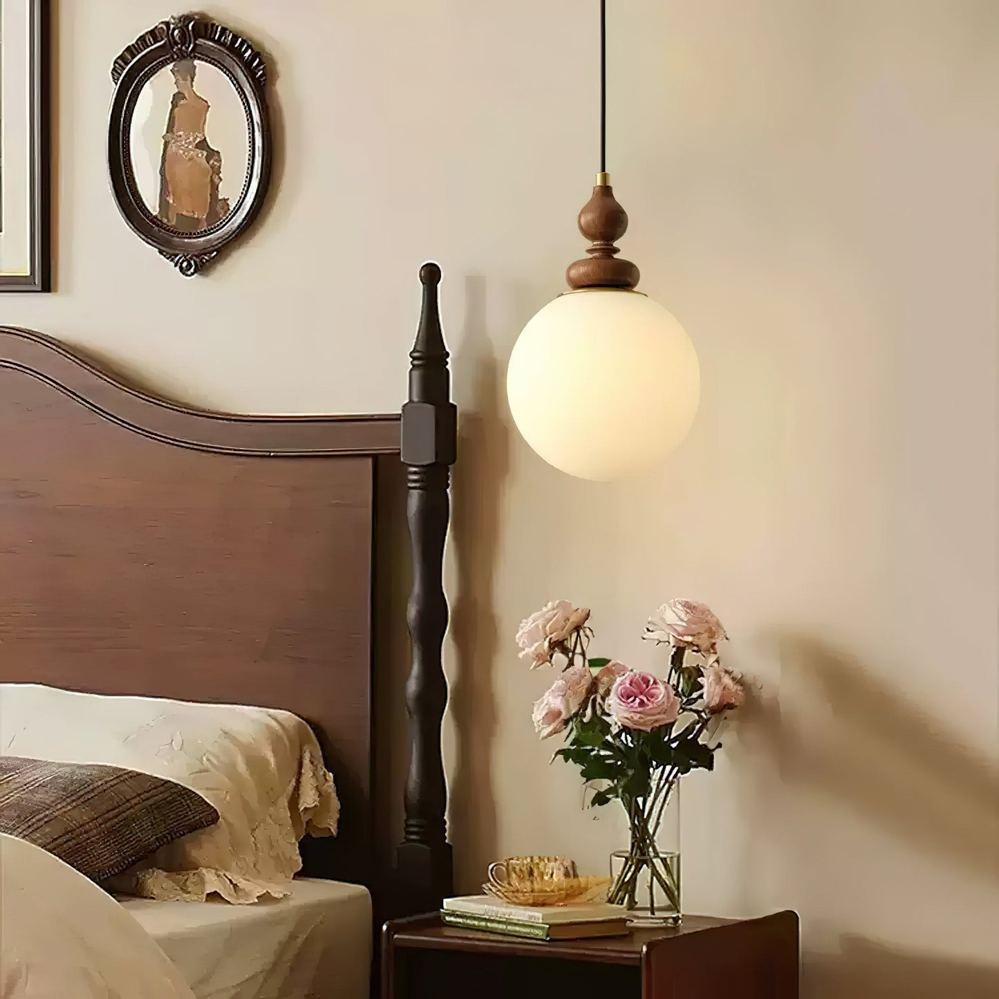 Round Wooden Pendant Lamp with White Glass Shade