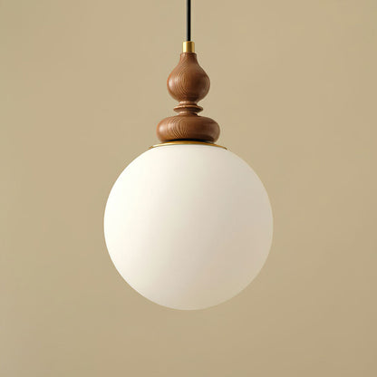 Round Wooden Pendant Lamp with White Glass Shade