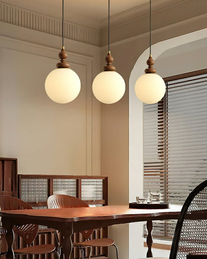 Round Wooden Pendant Lamp with White Glass Shade